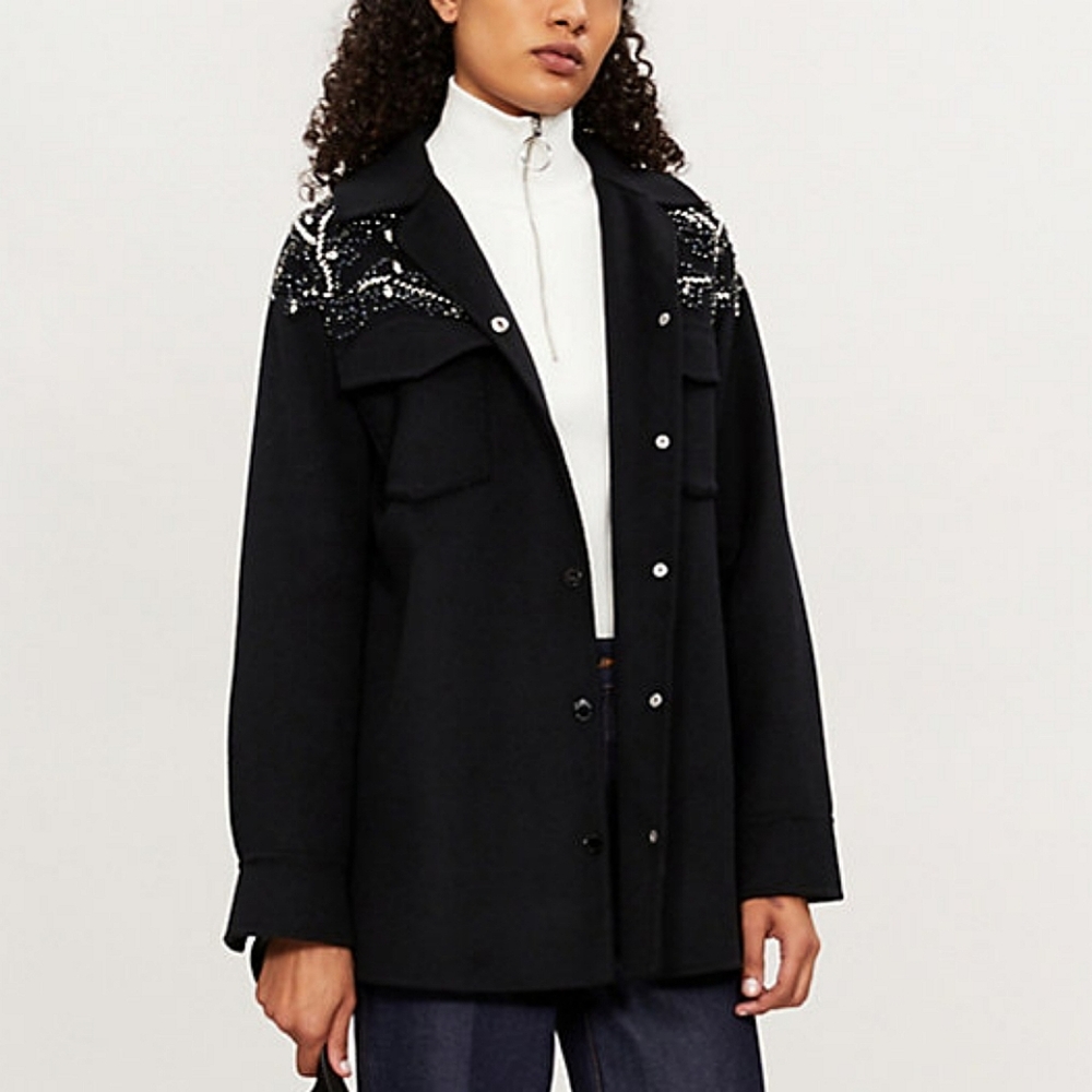 Sandro Versaille Embellished Sequined Wool Blend Black Jacket in Noir Small